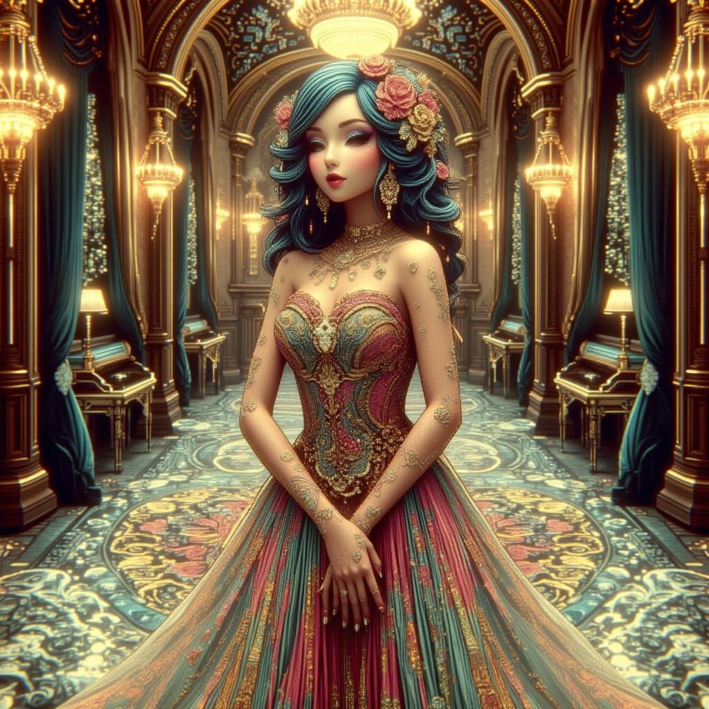 Elegant Woman in Ballroom in Art Nouveau Style