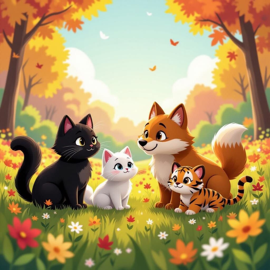 Animals Play in a Rainbow Field: Cartoon Style