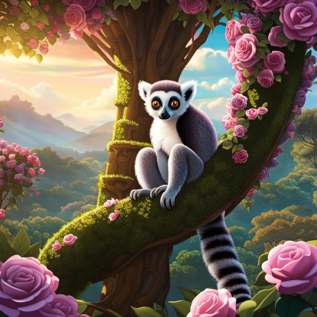 Lemur in Cybersteam Treehouse, Jacek Yerka Style