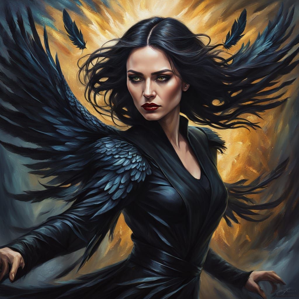 Dark-Haired Woman with Wings in Dark Fantasy Style