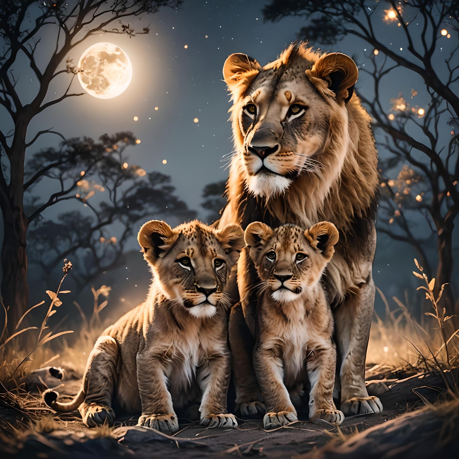 Lion Cubs with Mother in Moonlight Double Exposure