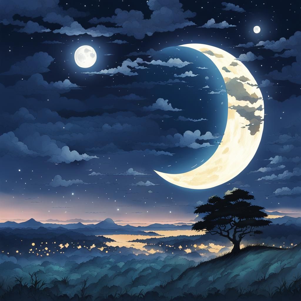 Anime Style Full Moon Night Sky