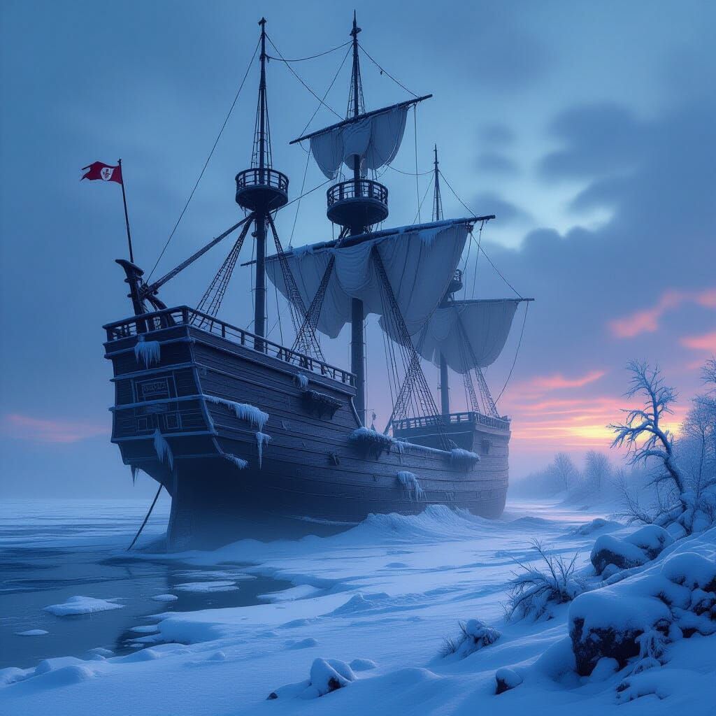 Ancient Frost-Covered Galleon Stranded on Frozen Sea