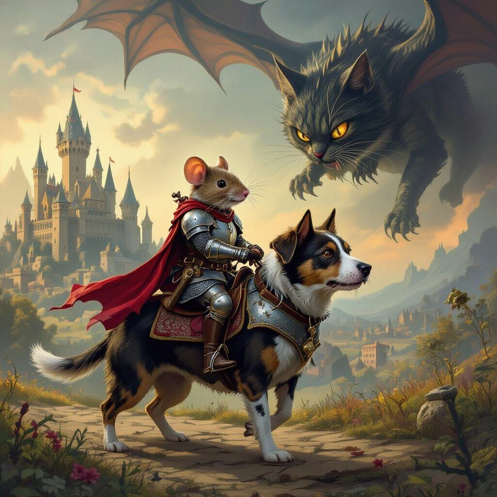 Mouse Knight Rides Dog in Fantasy World