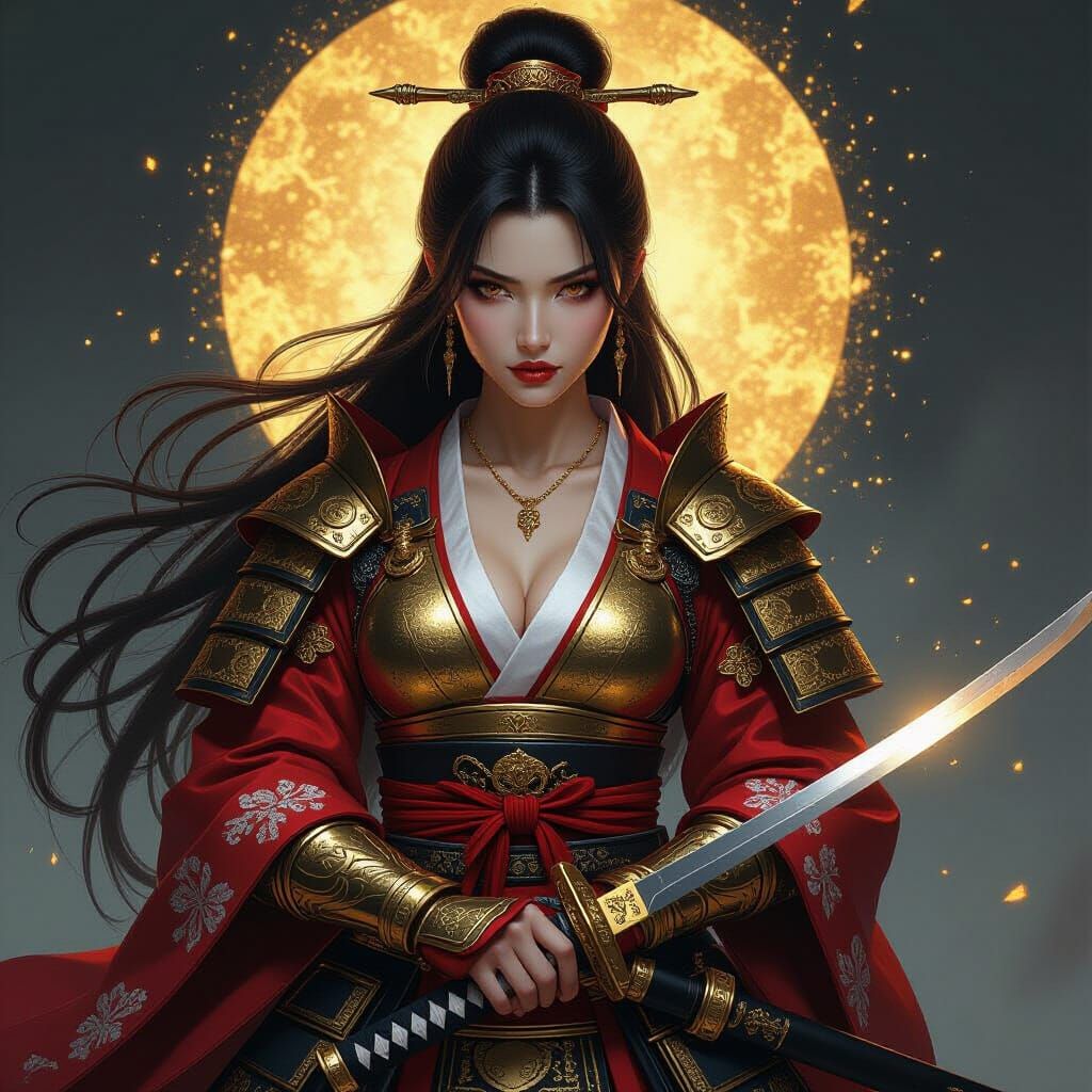 Samurai-Geisha Warrior with Glowing Katana in Dark Fantasy S...