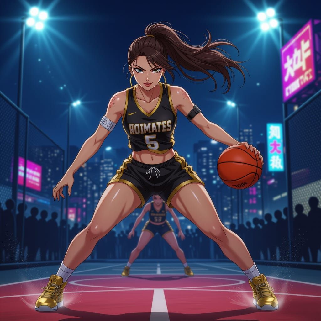 Anime Woman Dominates Night Basketball Game