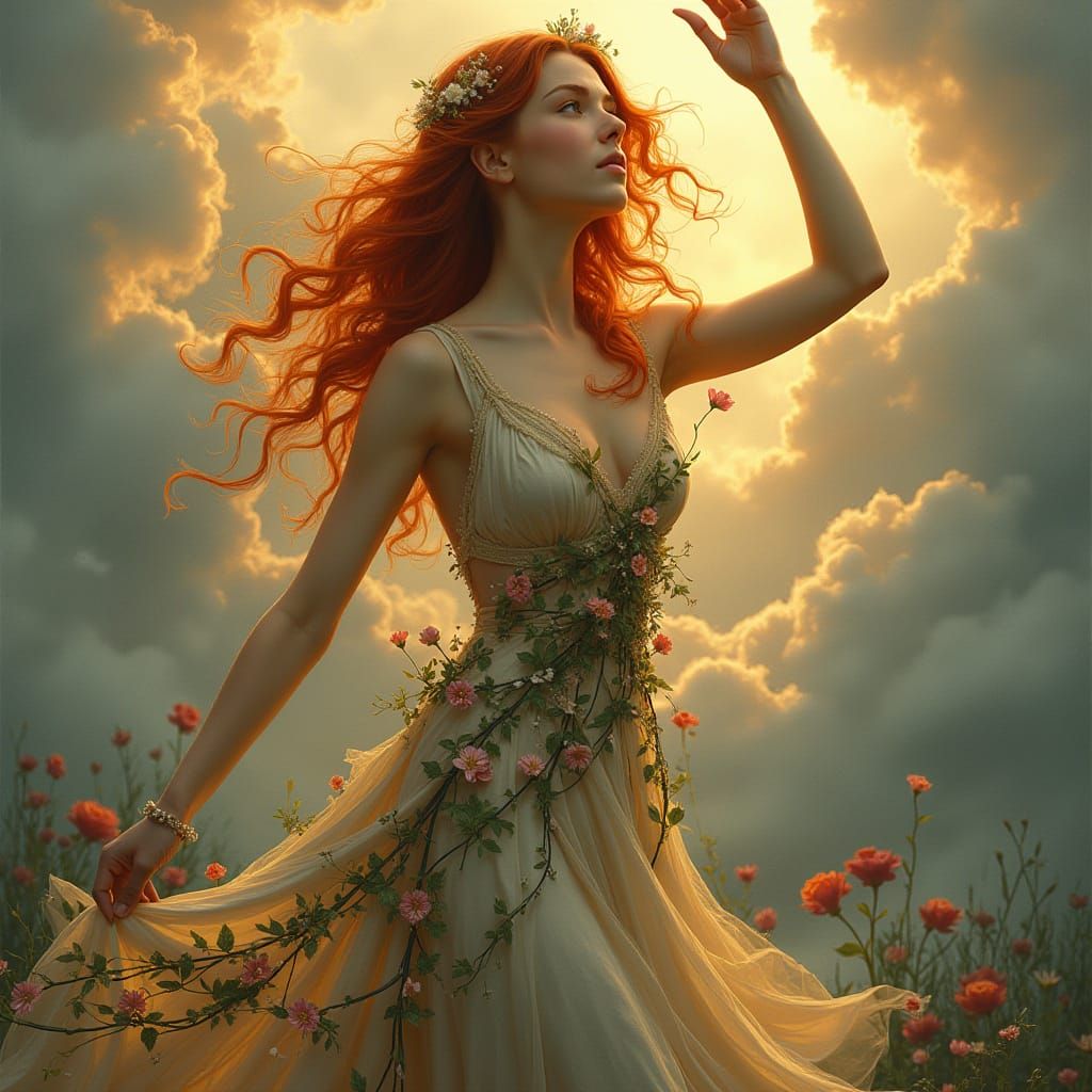 Red-Haired Woman with Flowers, in Art Nouveau Style