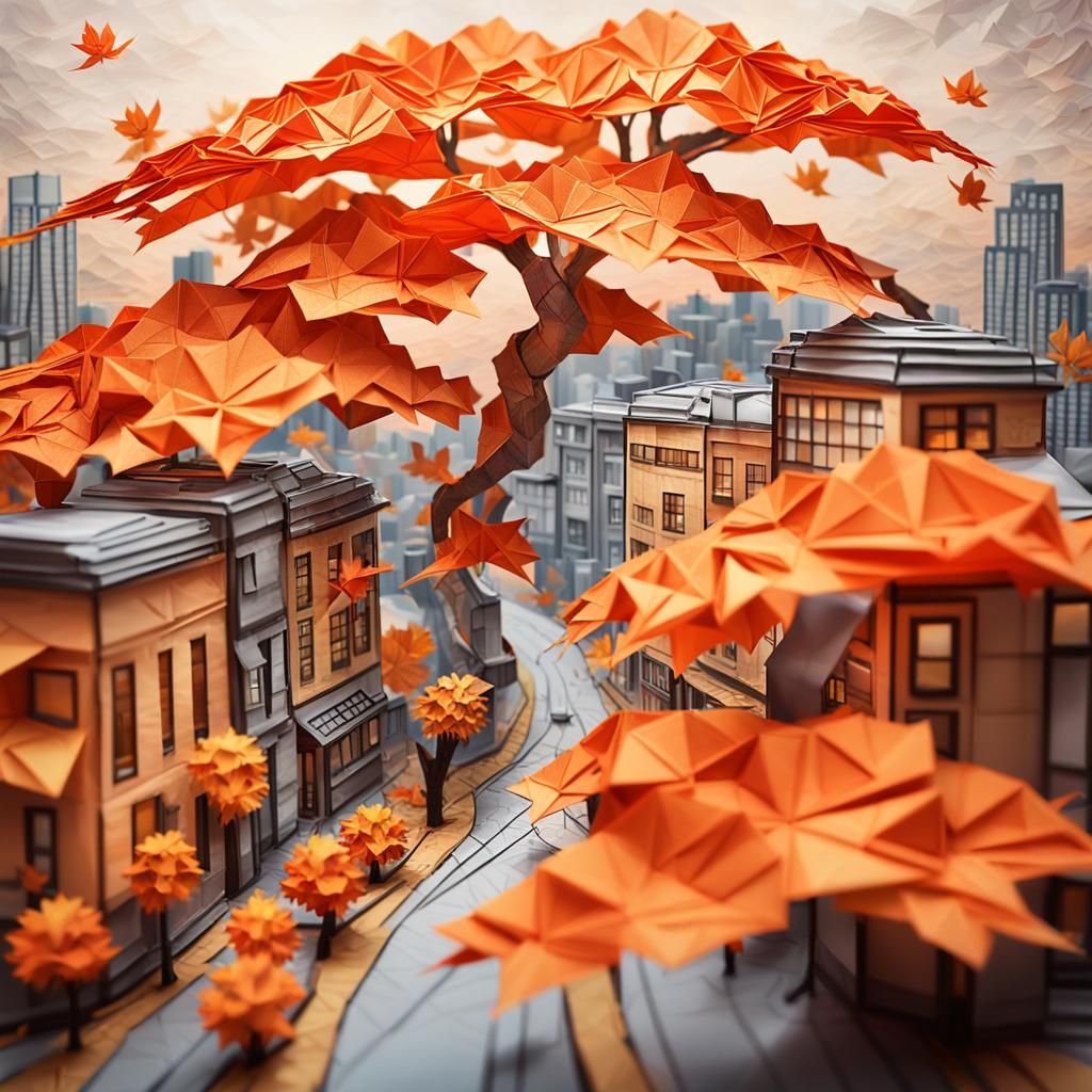 Surreal Autumn Cityscape with Origami Trail