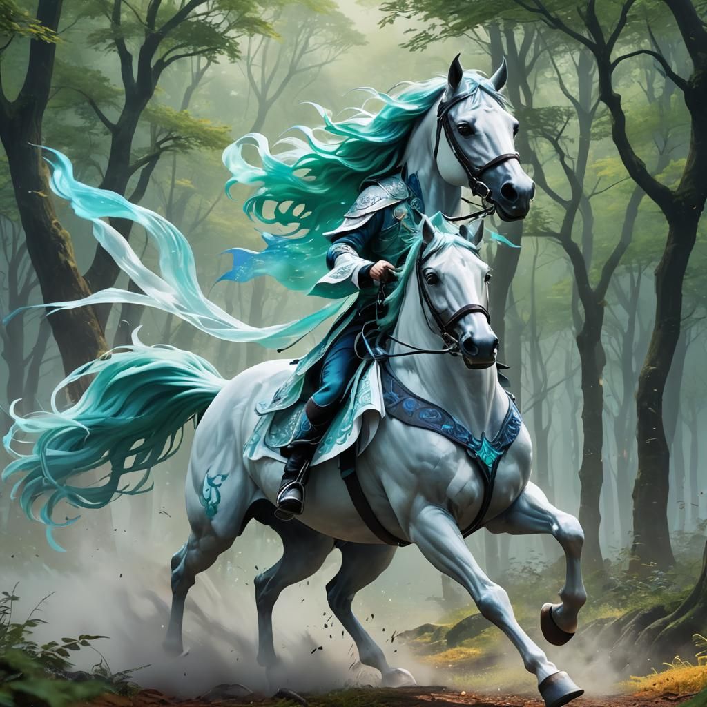 Ethereal Horse Rider in Misty Anime Forest