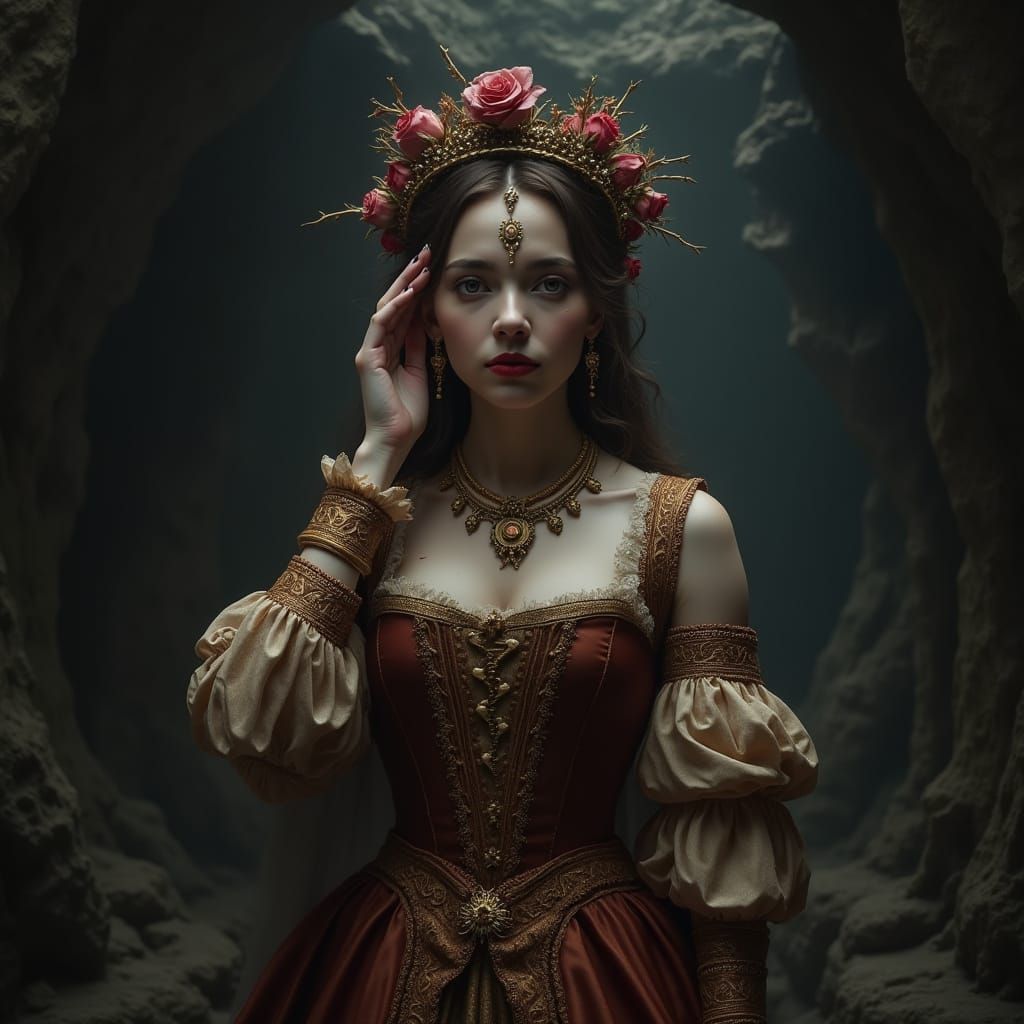 Renaissance Woman in Dark Cave: Baroque Digital Art