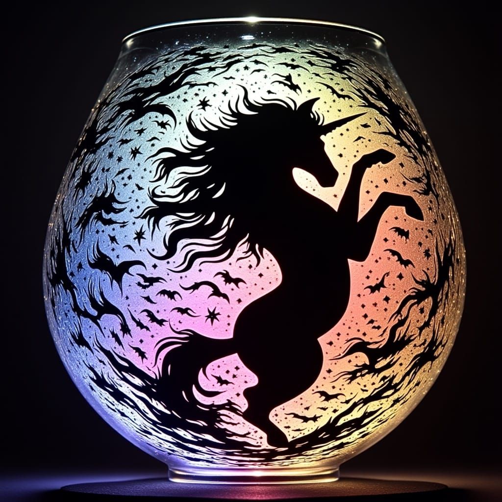 Whimsical Unicorn Silhouette on Iridescent Glass in Bold Bla...