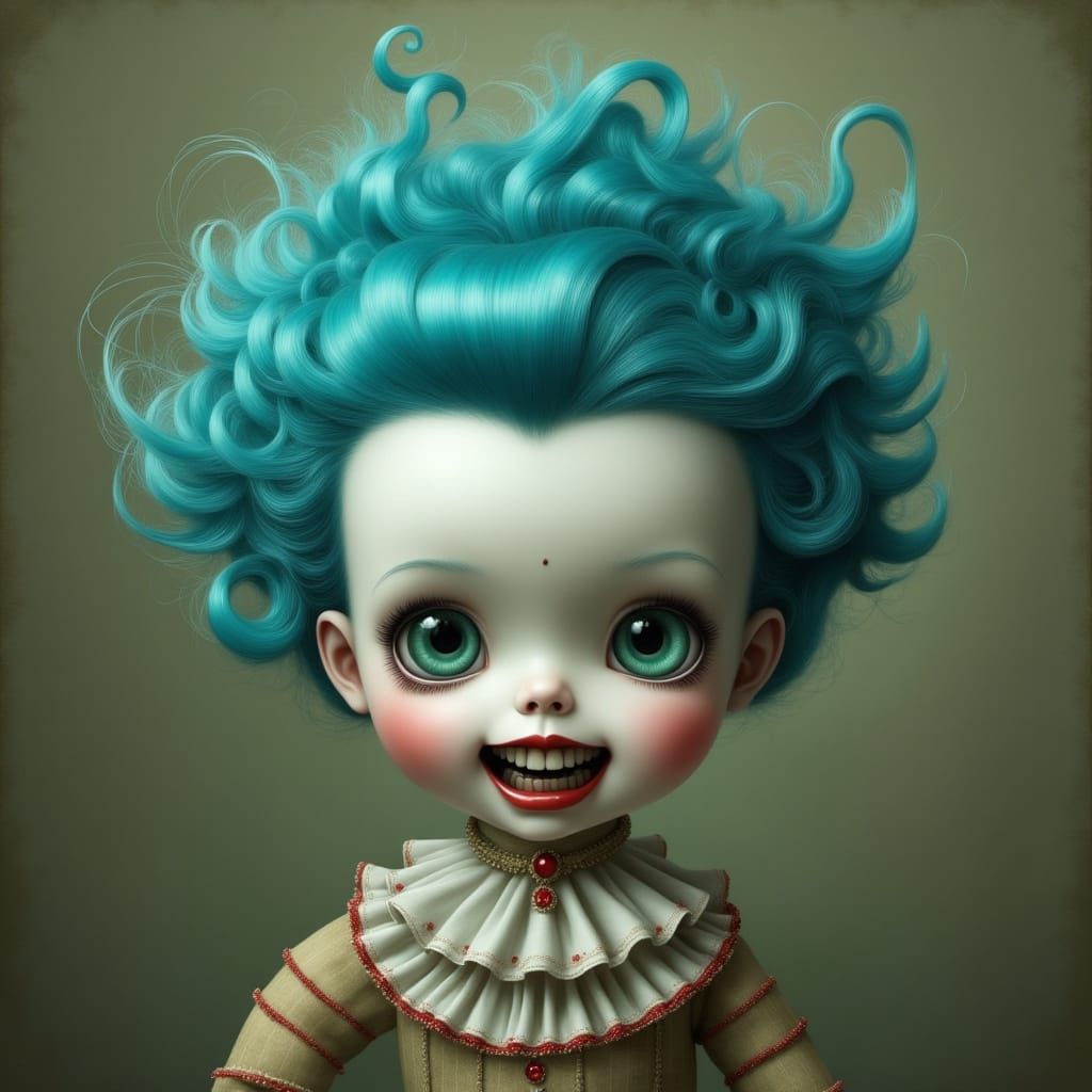 Creepy Robotic Doll With Green Eyes and Blue Hair