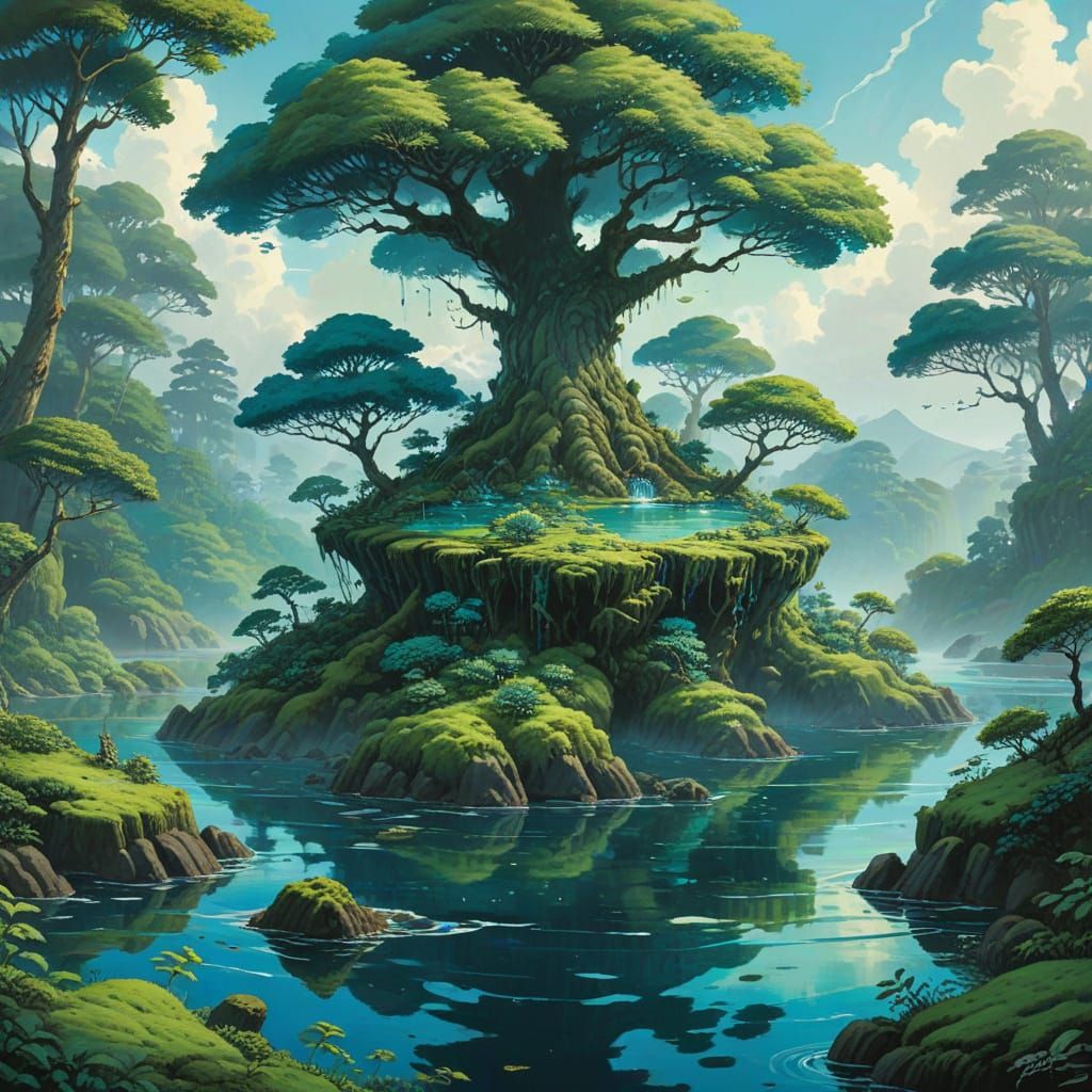 Floating Forest Islands Above Ocean in Gouache Painting Styl...