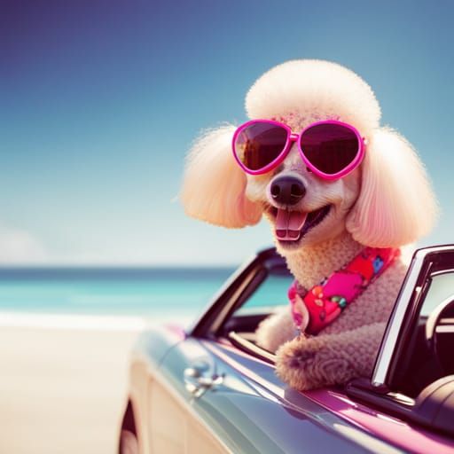 Poodle Drives Convertible in Hawaiian Shirt