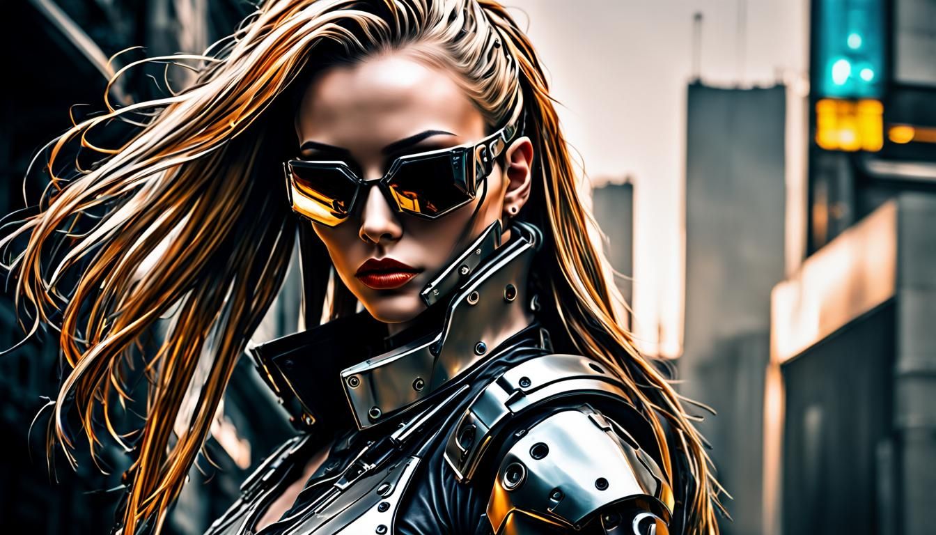 Cyberpunk Razorgirl in Titanium Armor, Hyperrealistic Detail