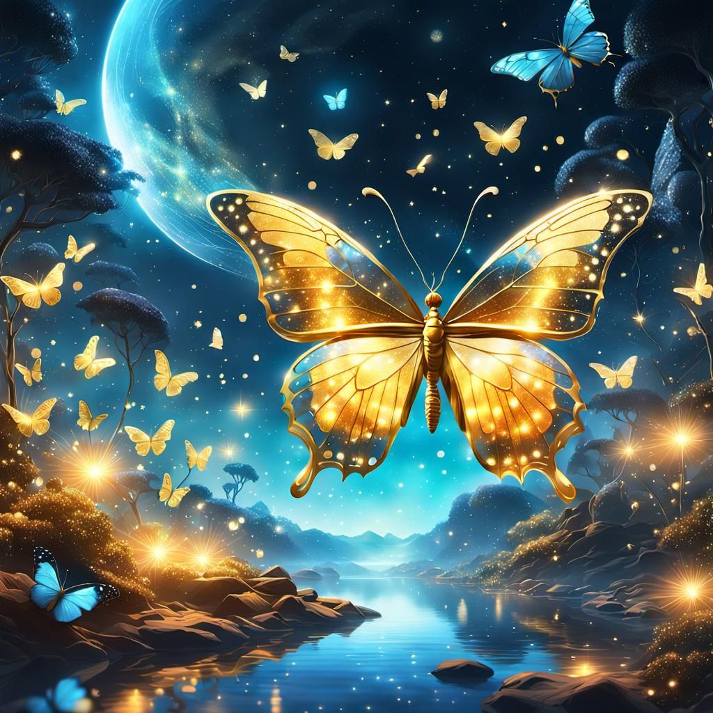Cosmic Butterfly Dreamscape in Golden Light