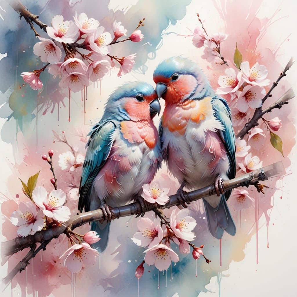 Pastel Love Birds Forming Heart on Cherry Branch