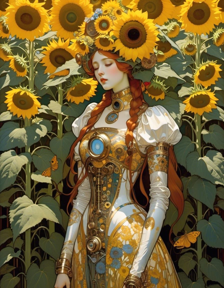SUNFLOWER <lora:Art Nouveau:1.0> Field There stands a yellow sunflower broken perfectly formed full body porcelain yello...