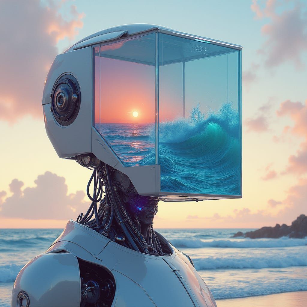 A cyborg's head is a glass cube filled with an endless sunse...