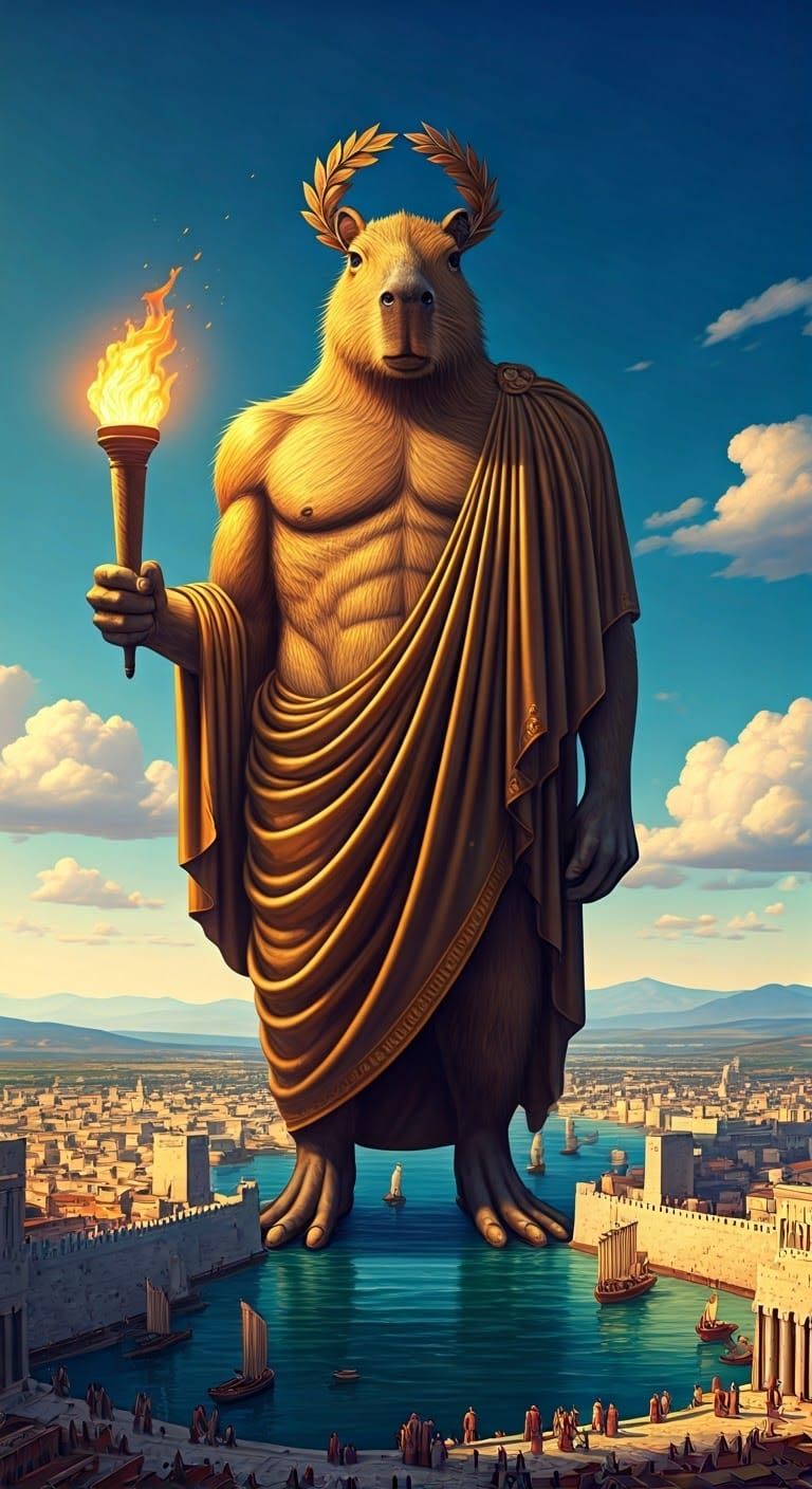 Bronze Capybara Colossus Triumphs over Ancient Harbor