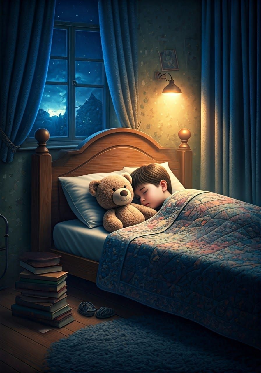 Child and Teddy Bear Sleeping Peacefully at Night
