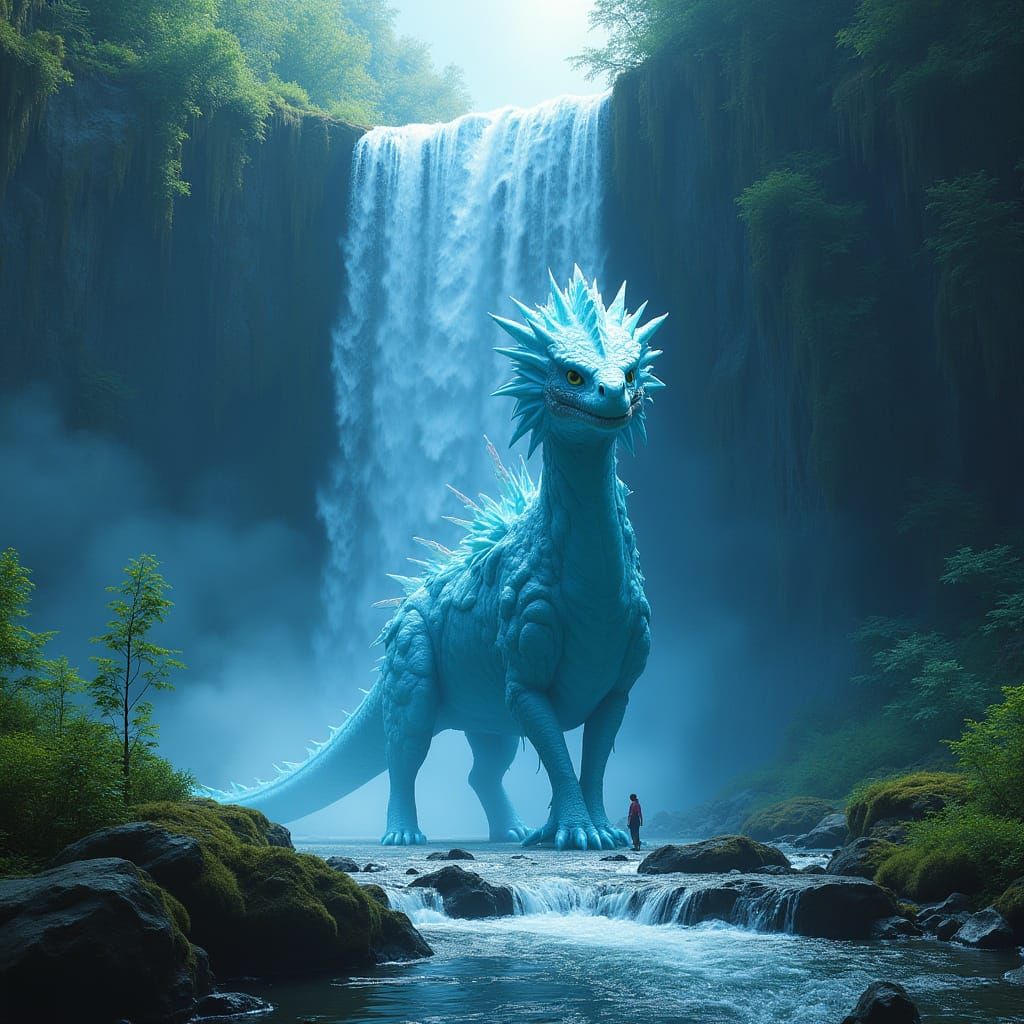 Mystical Waterfall Scene with Ice Dragon