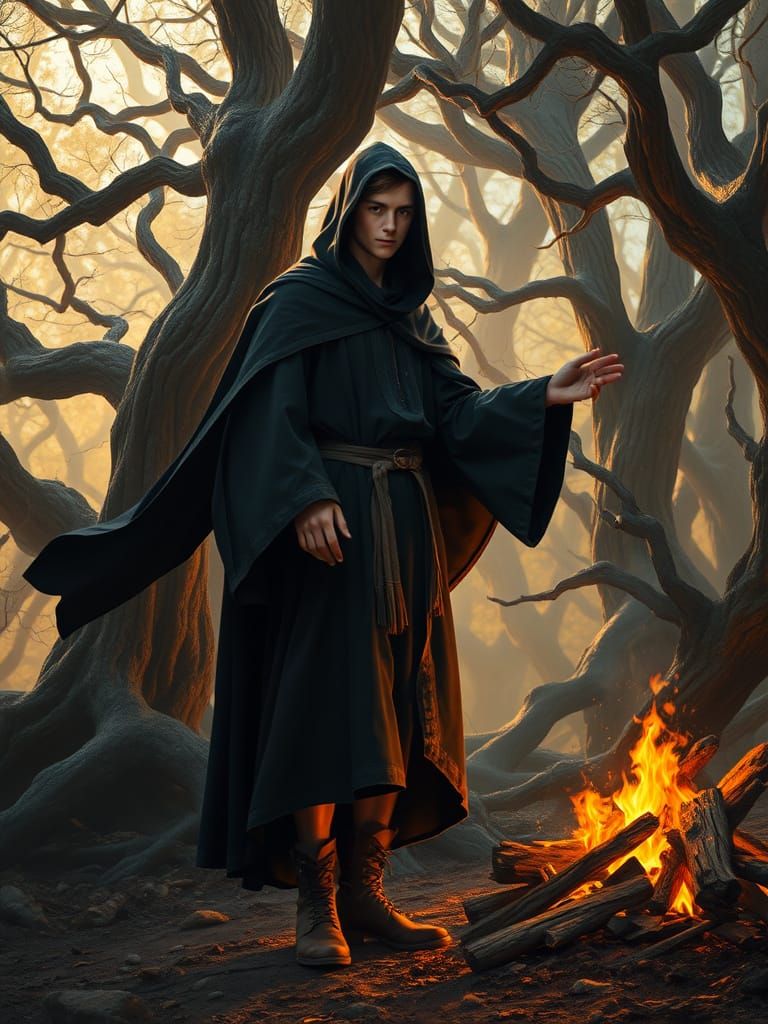 Mystical Forest Witch, Immersed in Golden Light and Shadows