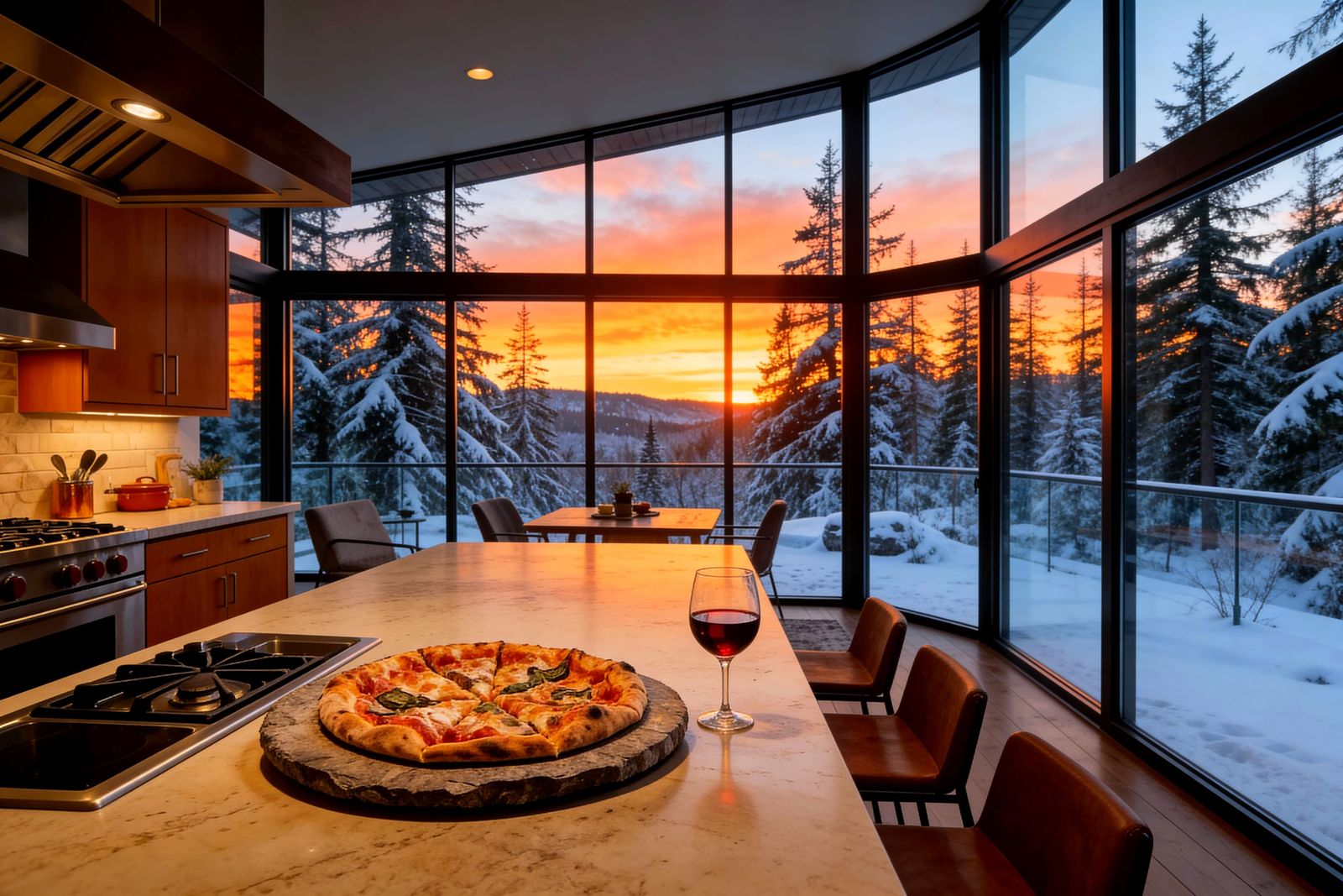 Cozy Pacific Northwest Kitchen at Sunset with Pizza and Wine