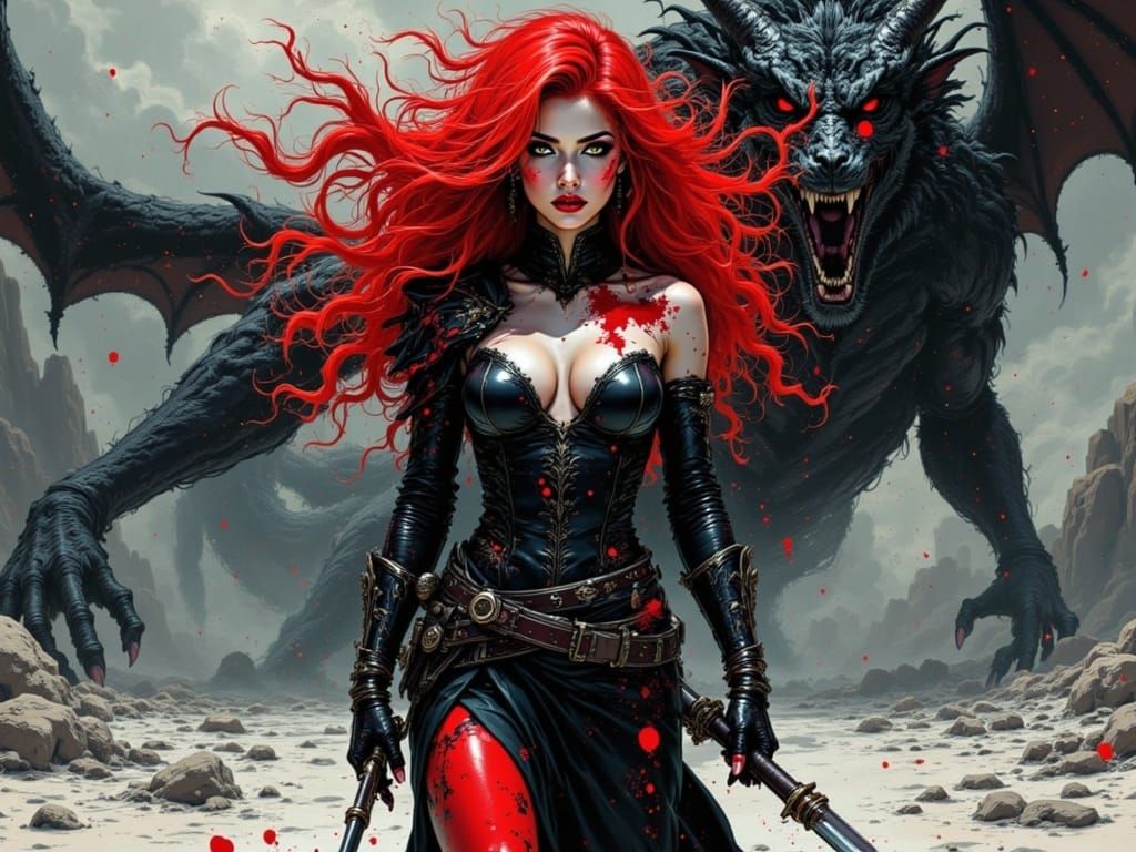 Dark Fantasy Warrior in Red Hair, Bloodied Armor, Defying a ...