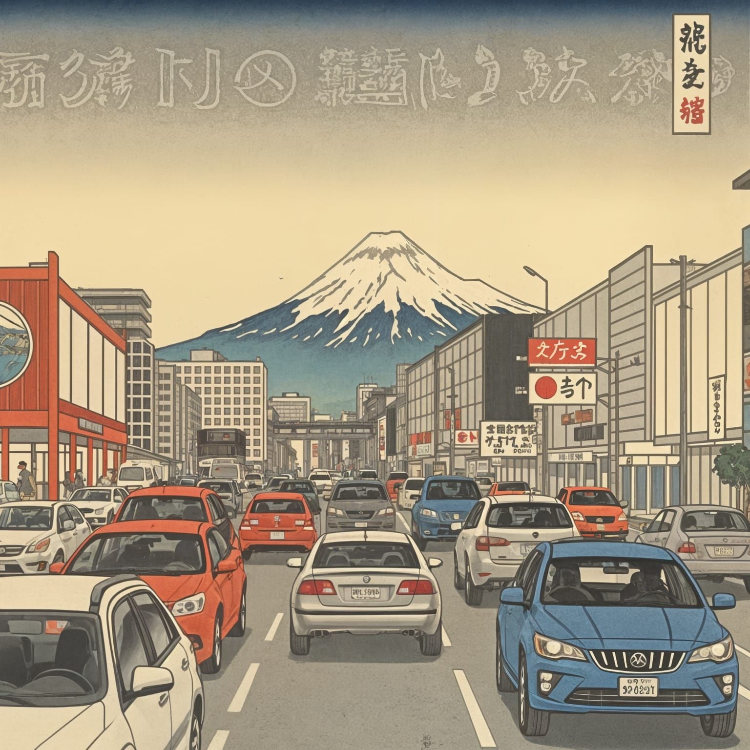 Art by Katsushika Hokusai, modern city traffic jam, vehicles reimagined in ukiyo-e style, skyscrapers as Mt. Fuji, subtl...