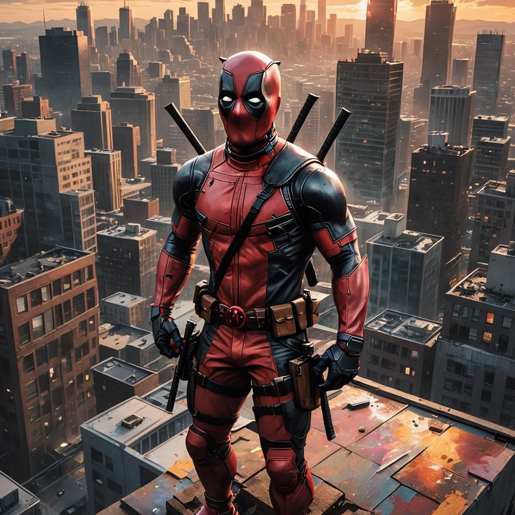 Deadpool Overlooking City in Hyperrealistic Splash Art