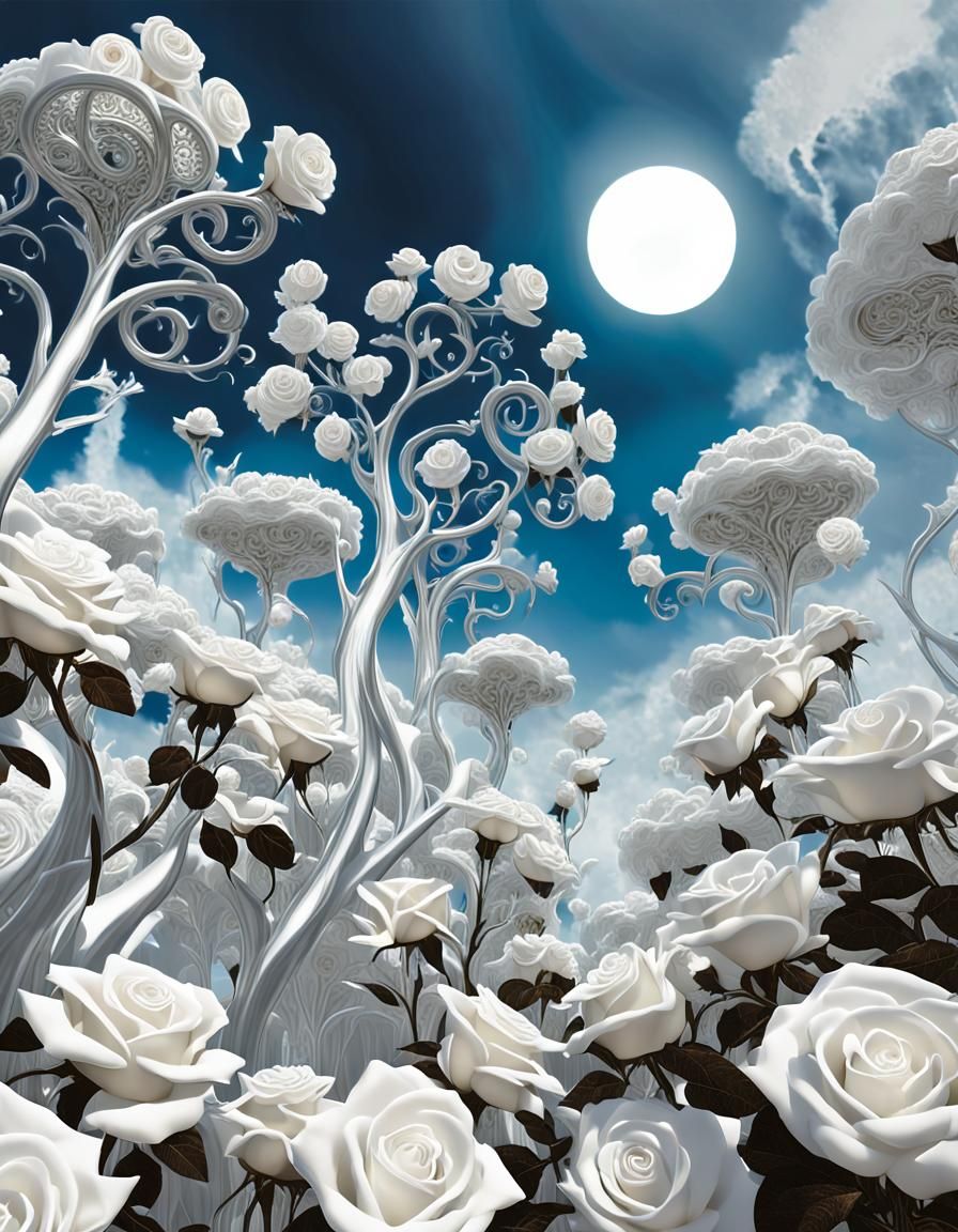 Metallic Garden Under Turbulent Sky: Surreal Digital Art