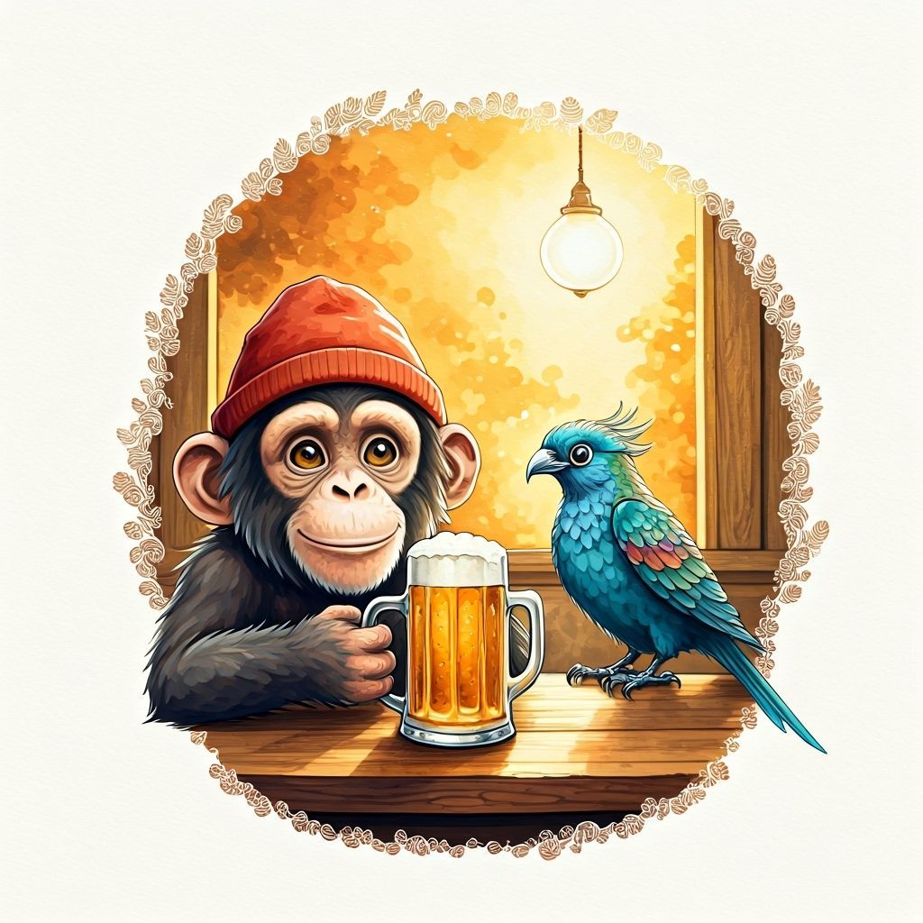 Chimpanzee and Bird Enjoy Beer in Munich Tavern