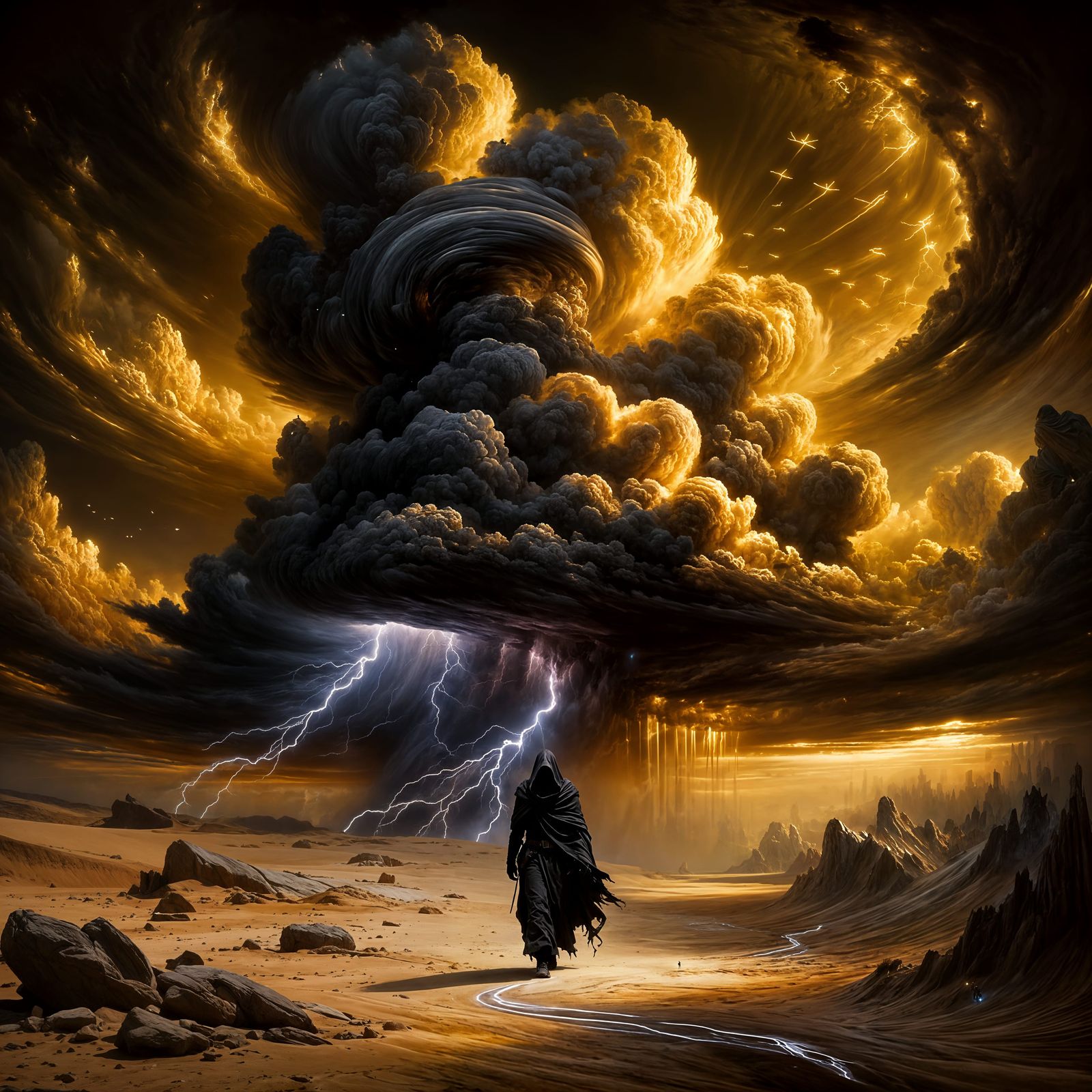 Man Walks in Desert Under Swirling Storm Cloud