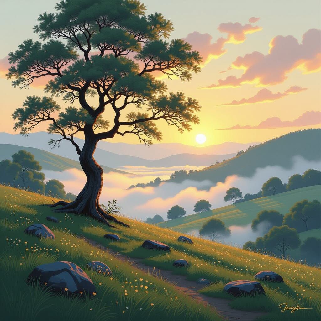 Ancient Tree on Misty Hill at Dawn in Ghibli Style