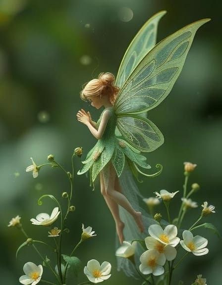 Enchanting Emerald Fairy with Floral Wings in Watercolor Sty...