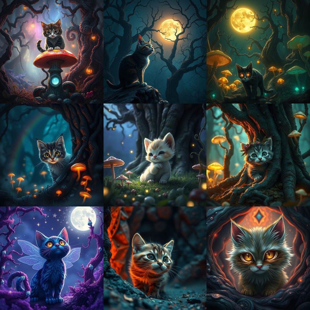 Ethereal Feline in Haunted Forest at Full Moon