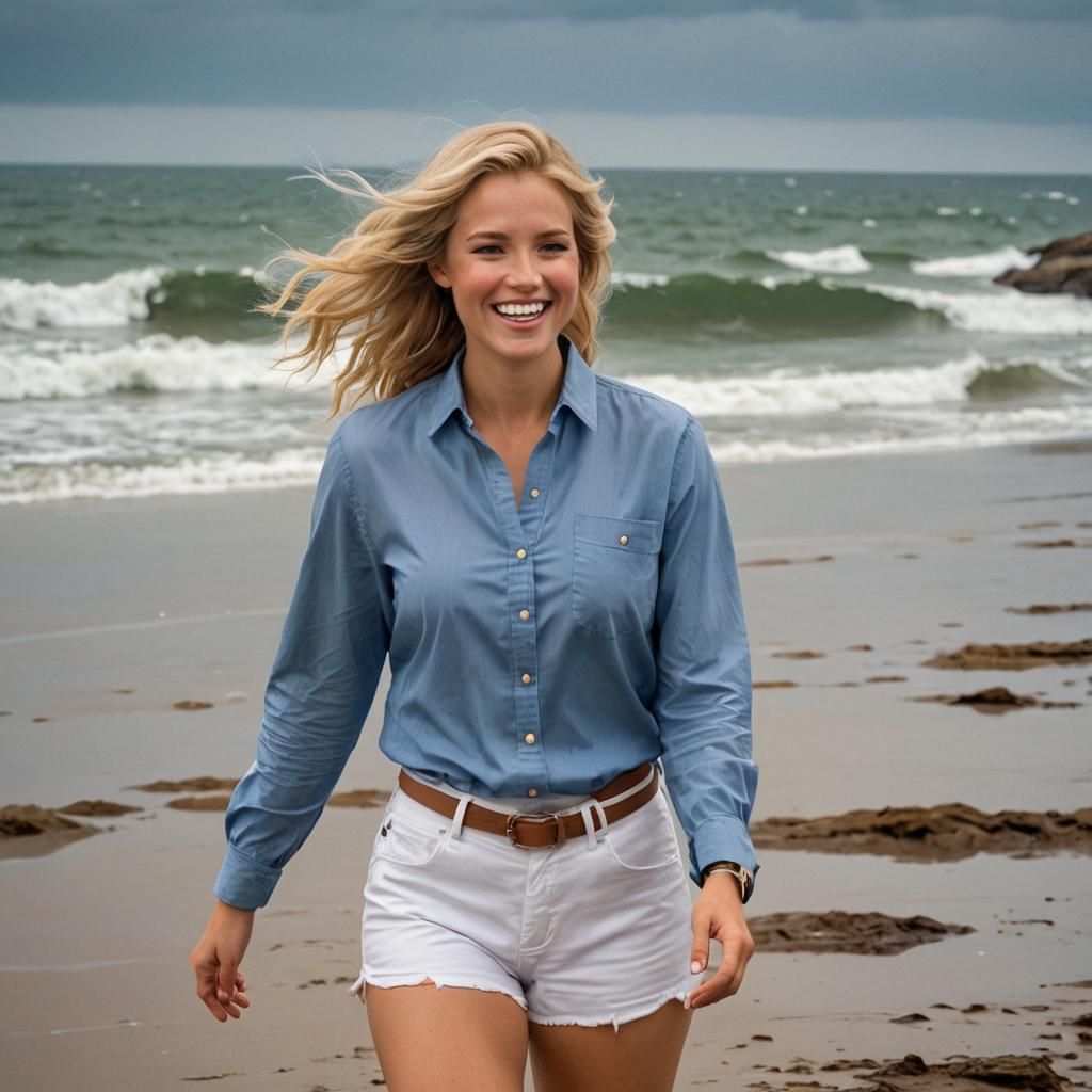 Blonde Woman on New England Beach During Storm