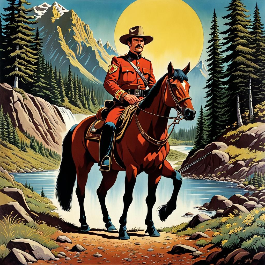 Canadian mountie. Fantasy. 1970s. Earth tones. Cartoon like.