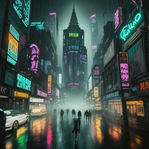 Surreal neo-noir cityscape. Medium, low-angle shot. A massiv...