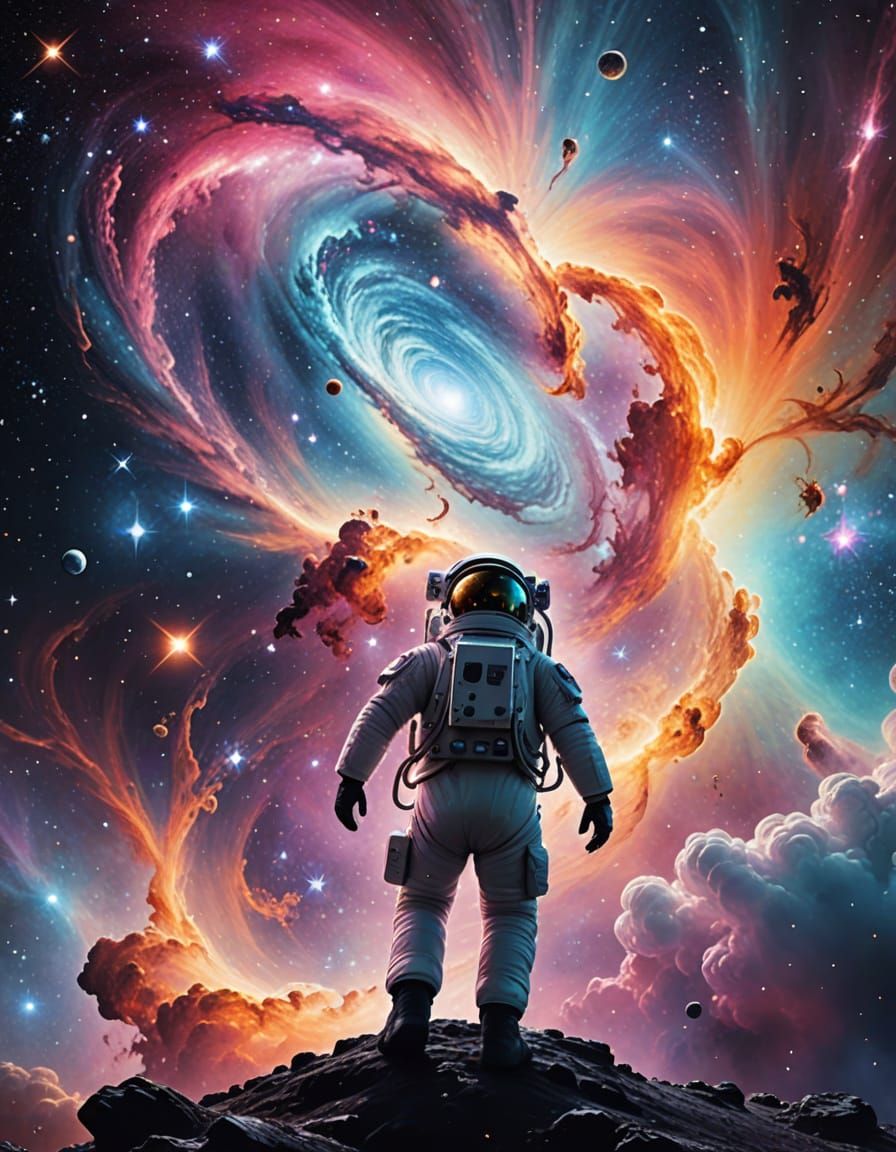 Astronaut Reaches for Galaxy in Vibrant Nebula