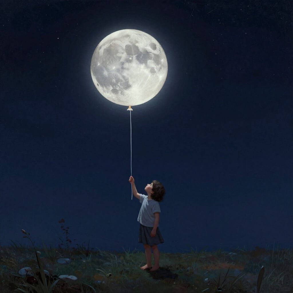 Child Under Starry Moon Holding Moon Balloon