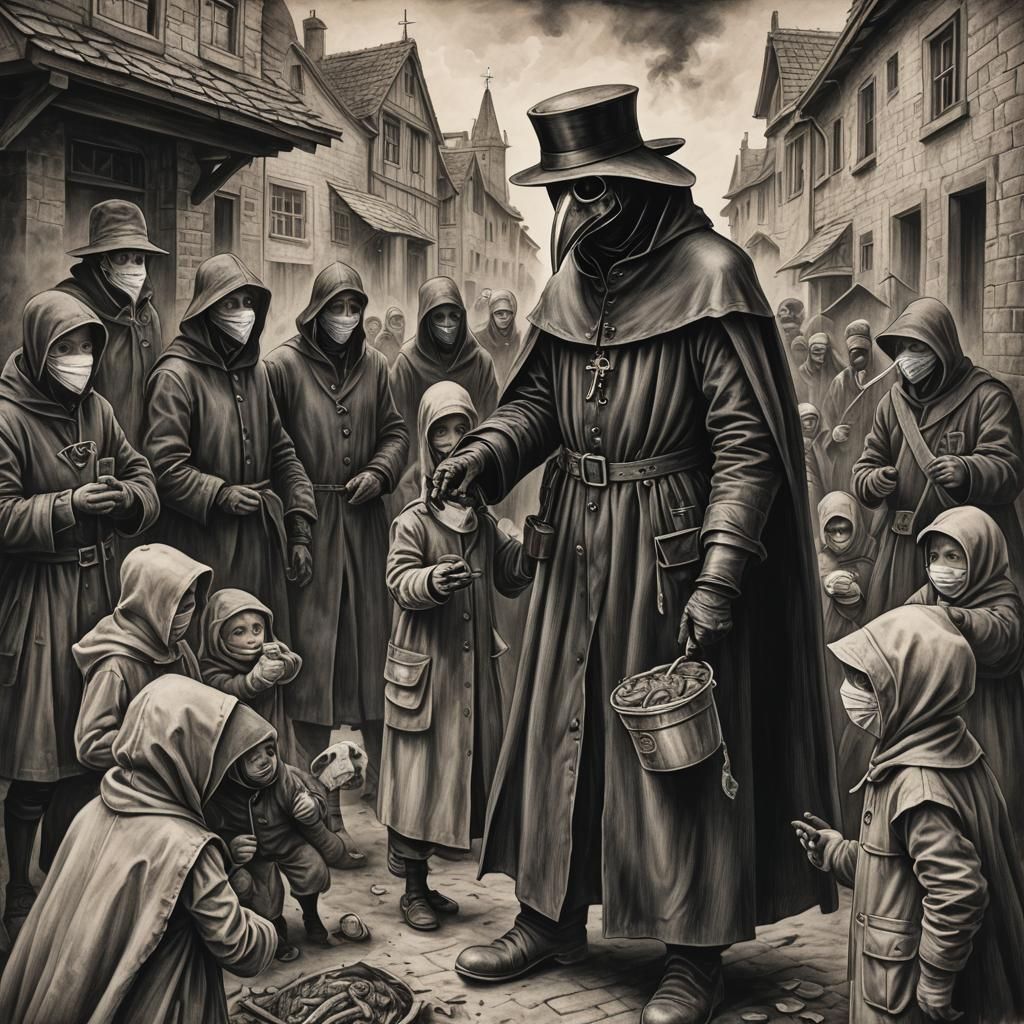 Plague Doctor Saves Family: Detailed Charcoal Drawing