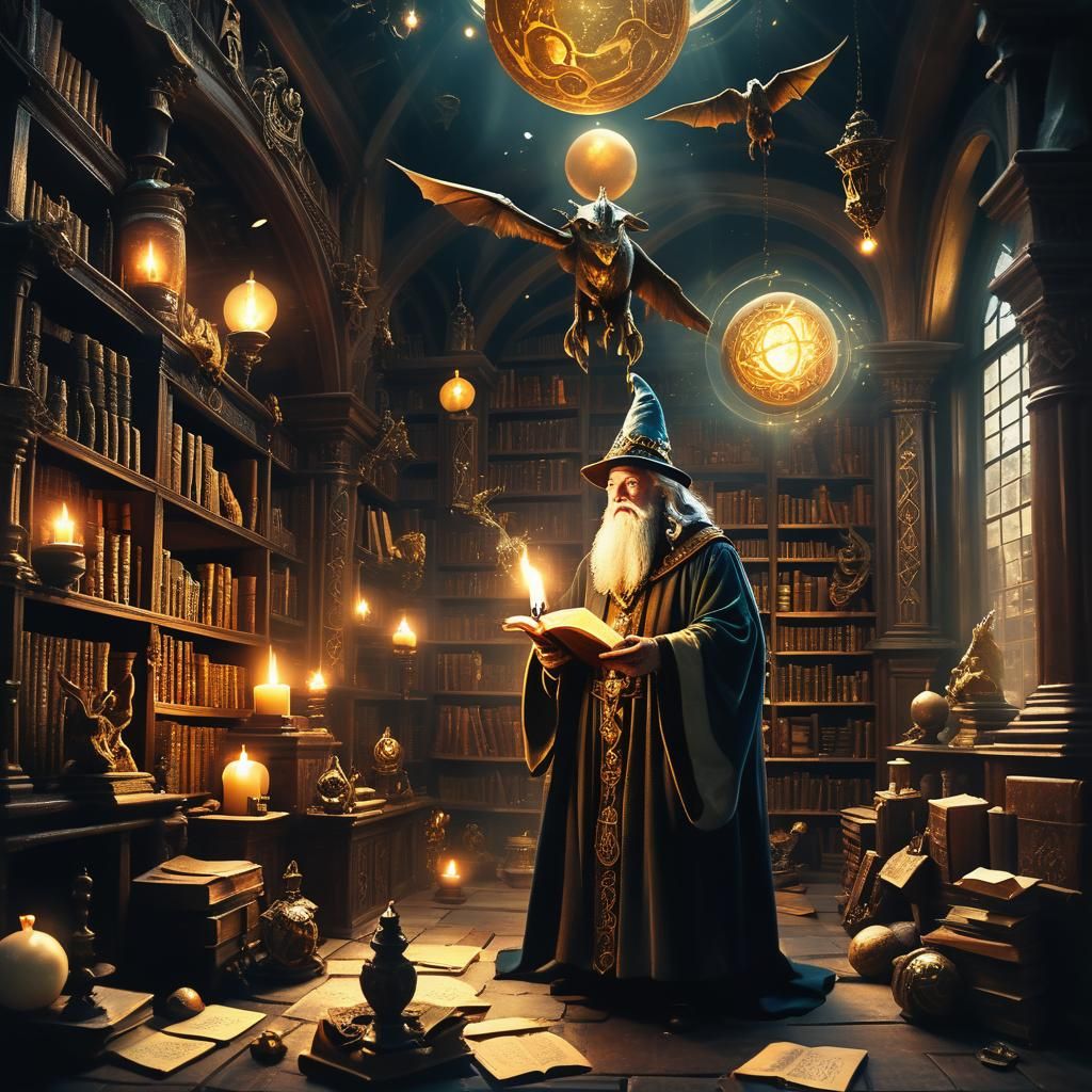 Mystical Wizard in Ancient Library: Vintage Matte Painting