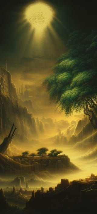 Post apocalyptic wonderland detailed matte painting hyperdetailed volumetric lighting maximalism kinetic pointillism rom...