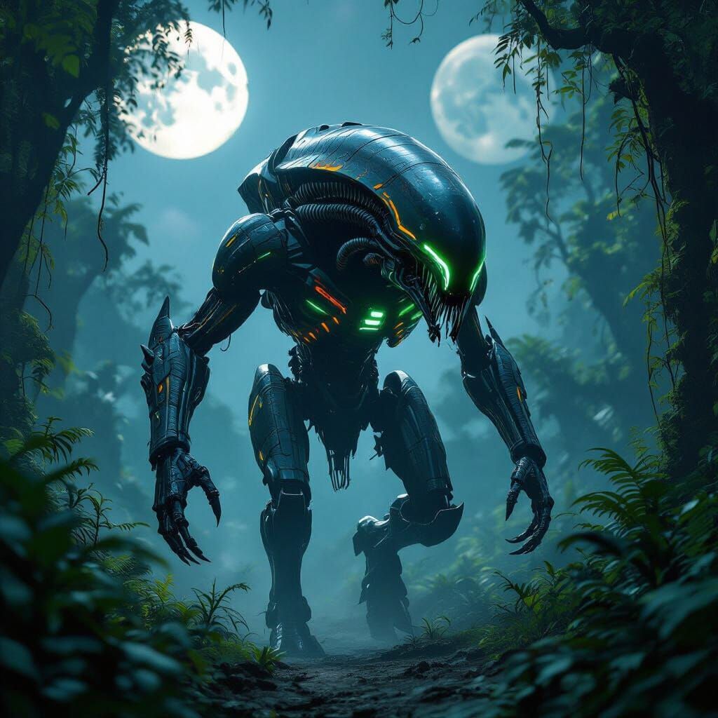 Alien Hunter Stalks Jungle Under Twin Moons