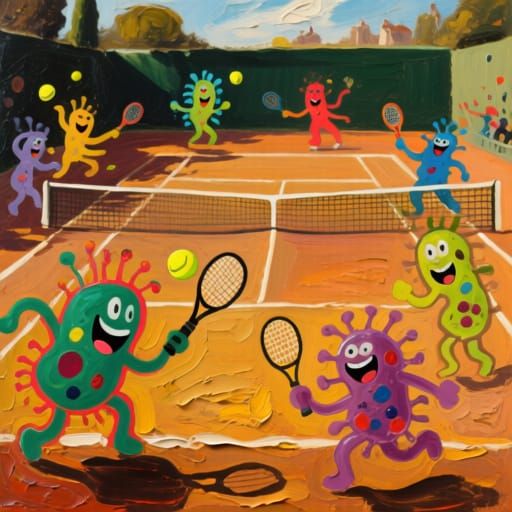 Whimsical Microbes Play Tennis in Miró and Caravaggio Style