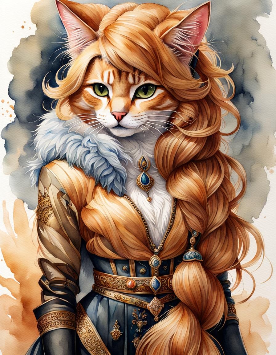 Watercolor Portrait of a Caramel Fur Anthro-Cat