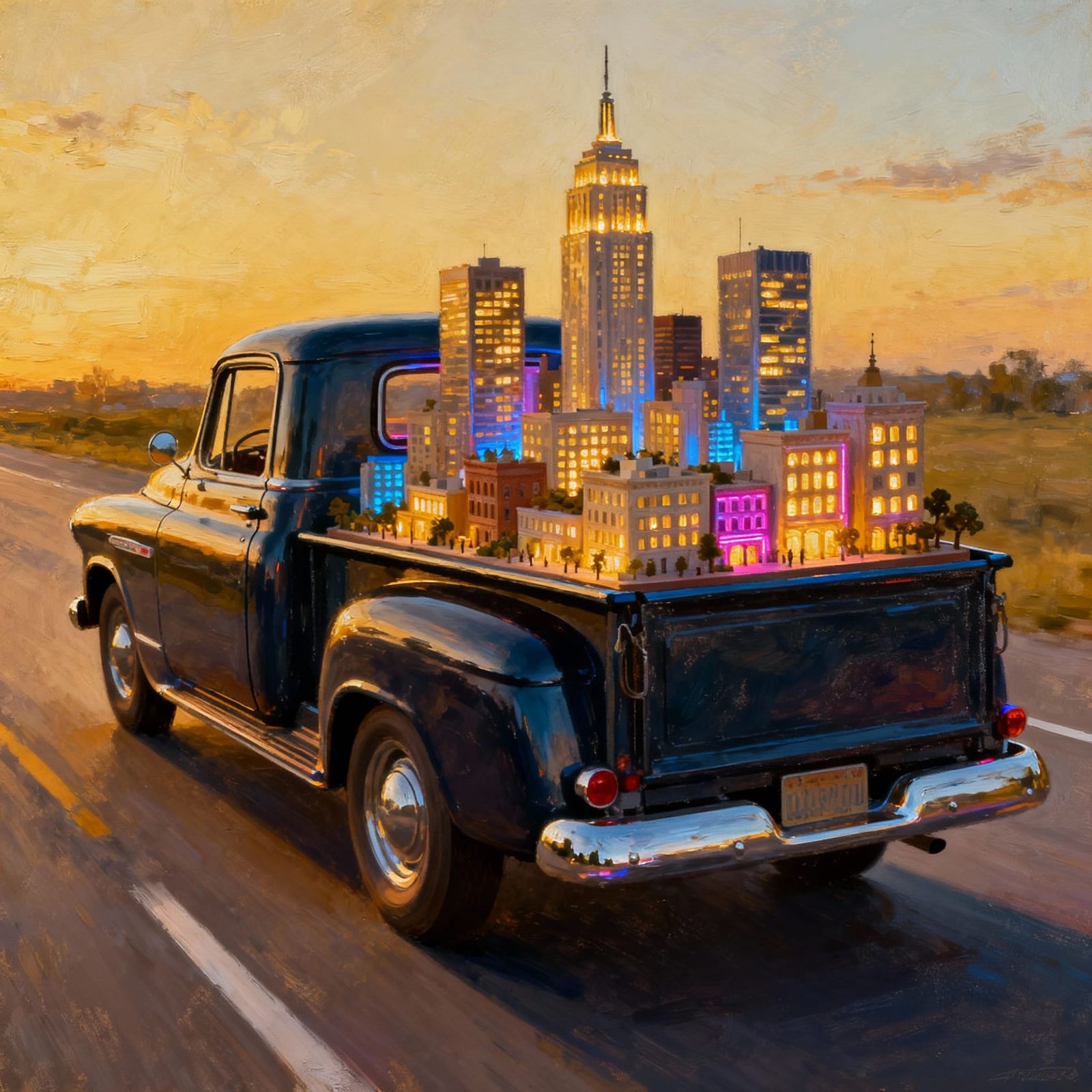 Vintage Truck Carries Miniature City at Golden Hour