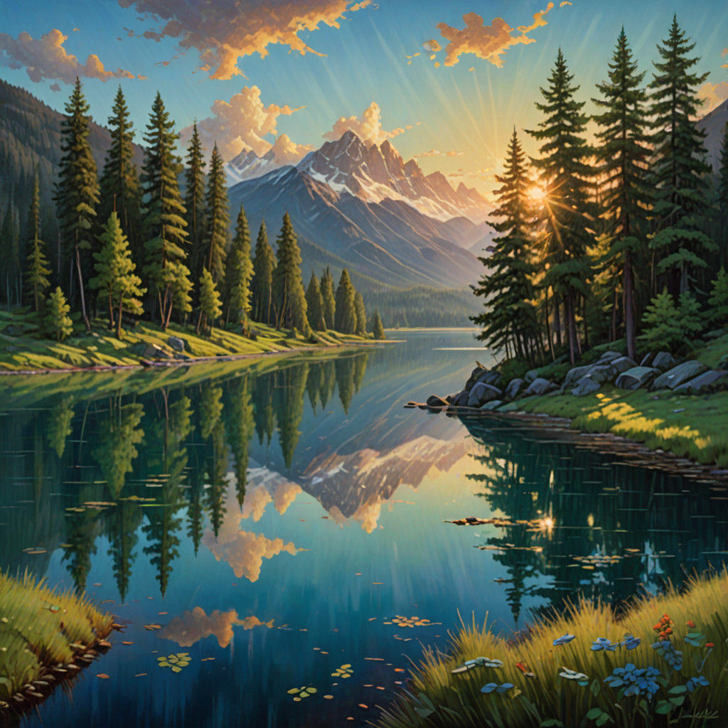 Serene Mountain Lake in Warm Sunset Light